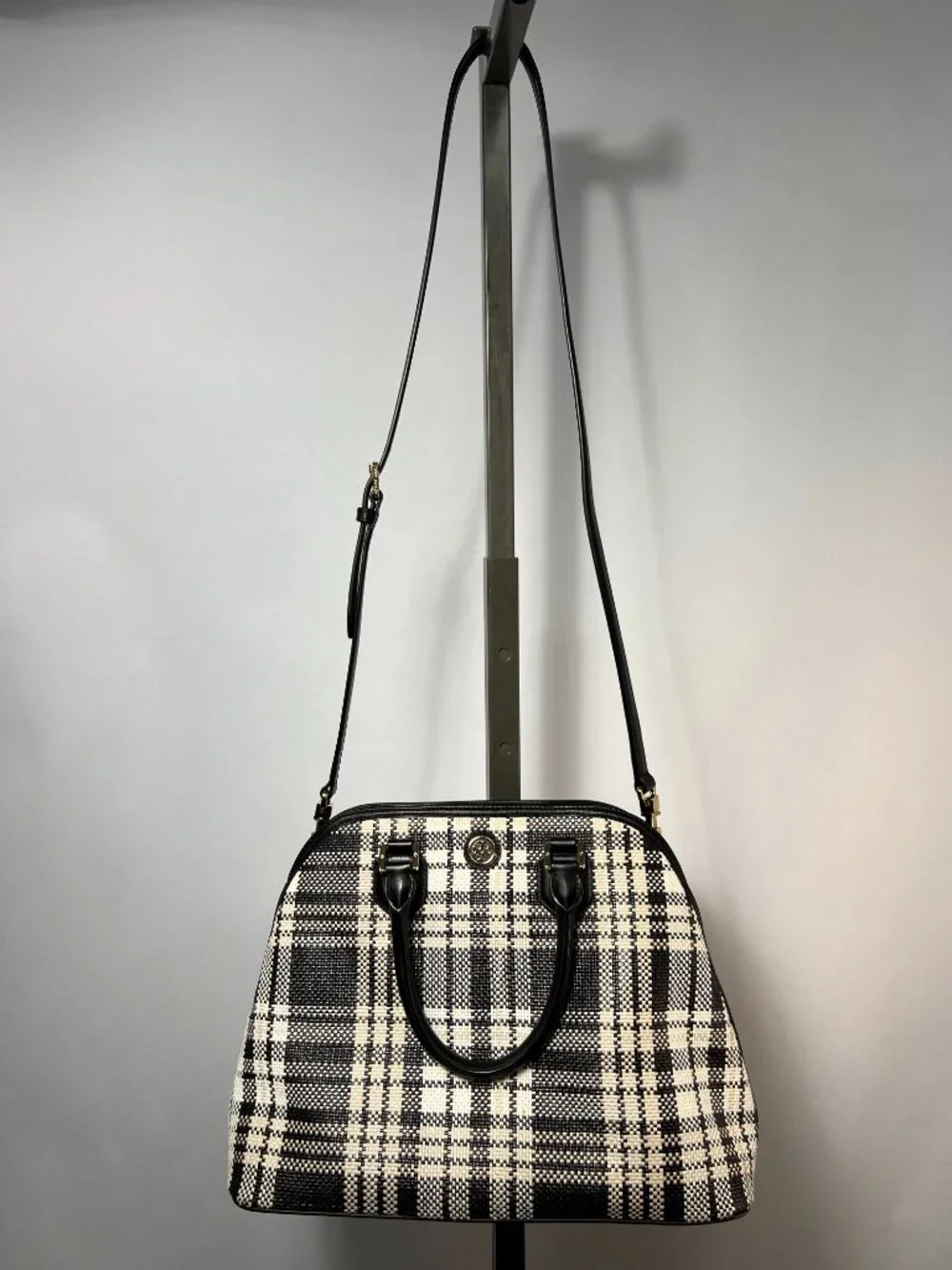 TORY‎ BURCH Robinson Woven Plaid Open Dome Satchel - Black/Beige/White